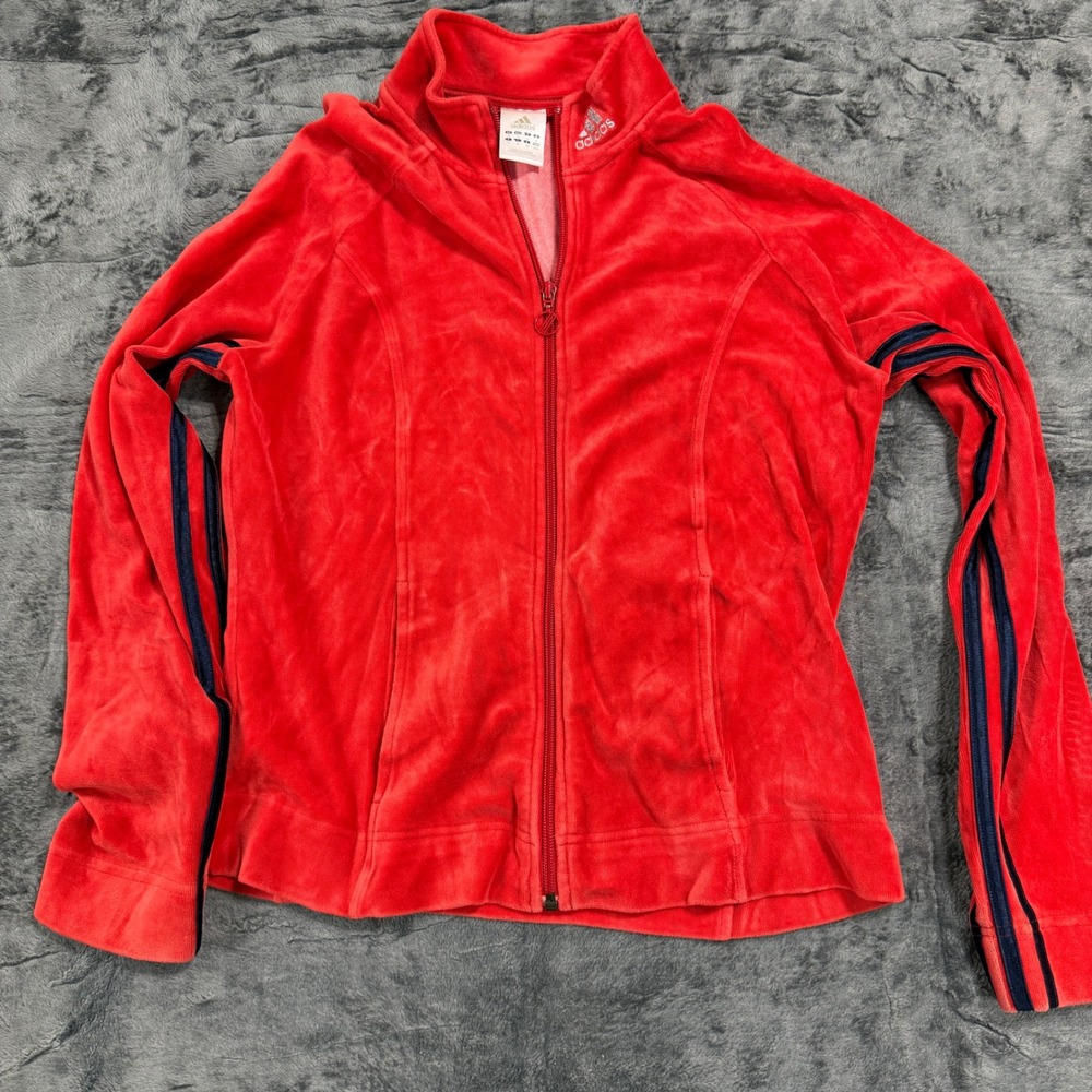 Adidas Red Velour Track Jacket Full Zip Navy Stripes‎ Womens Medium Y2K Sporty
